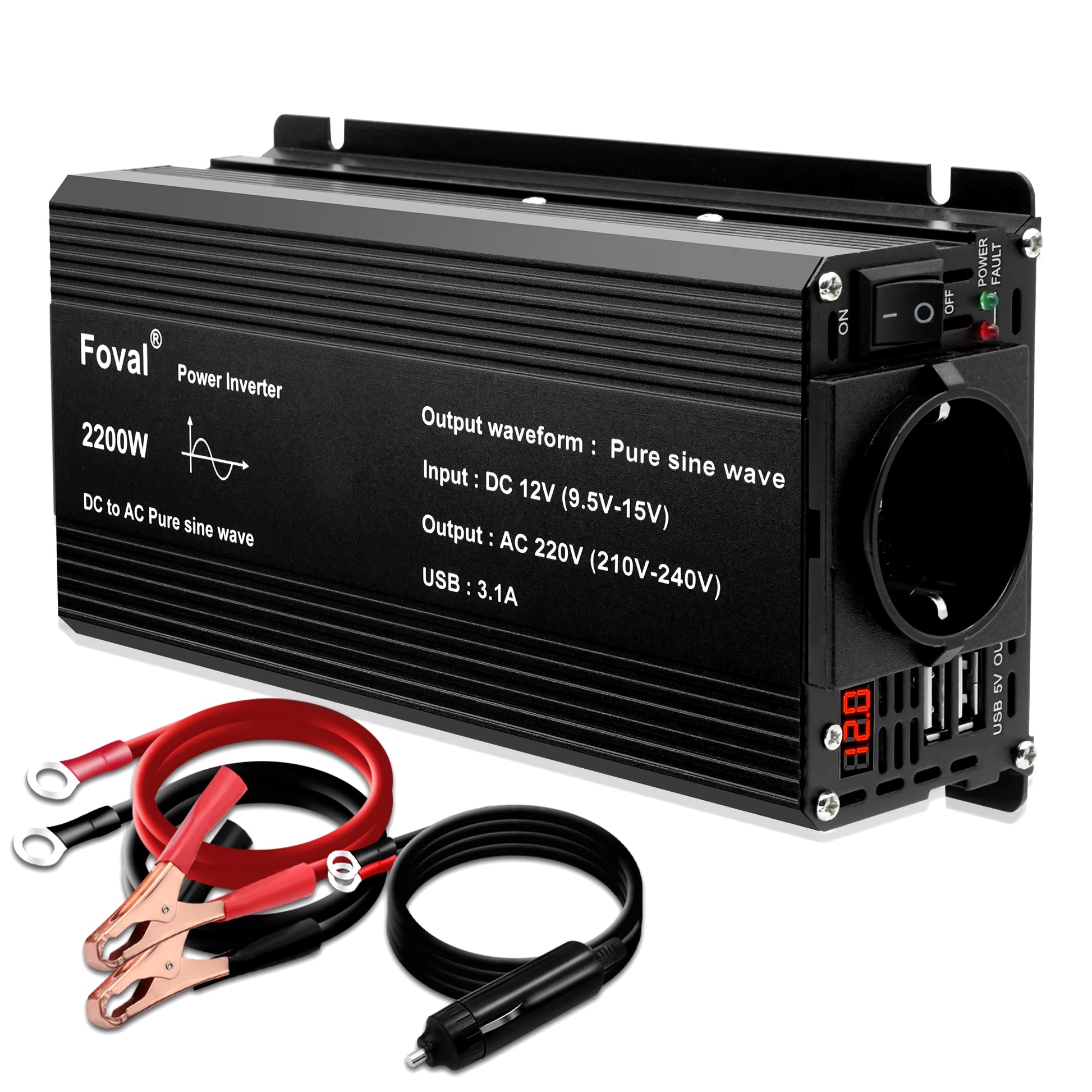 Pure Sine Wave 1000W 1500W 2200W 2600W DC 12V to AC 220V Car Power Inverter Adapter Converter with 3.1A Dual USB Eu/Universal