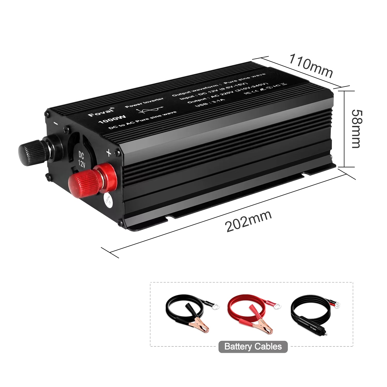 Pure Sine Wave 1000W 1500W 2200W 2600W DC 12V to AC 220V Car Power Inverter Adapter Converter with 3.1A Dual USB Eu/Universal